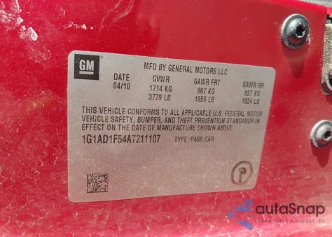 2010 Chevrolet Cobalt Lt from USA, damaged, VIN 1G1AD1F54A7211107